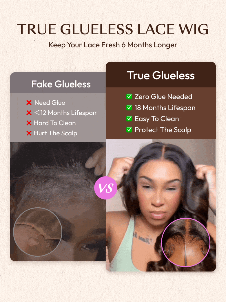 A model displays the UNice 7x5 Bye Bye Knots Wig Glueless Lace Balayage Highlight Body Wave Wig, showing a model with a hair transplant and a hair transplant and body.