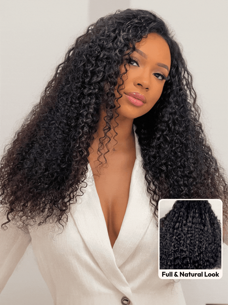 A model displays the UNice Bye Bye Knots 7x5 Lace Jerry Curl 150% Density Wig with Lived-In Coils, showing a model with long curly hair and a white shirt and jerry curl.