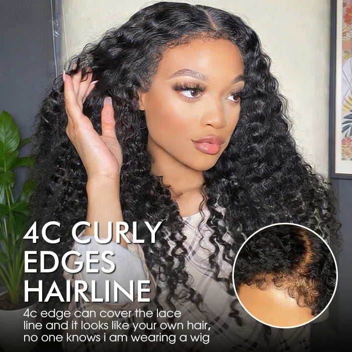 4C Curly Edges Hairline Glueless Curly Lace Front Human Hair Wig With Super Natural Hairline 220% Density