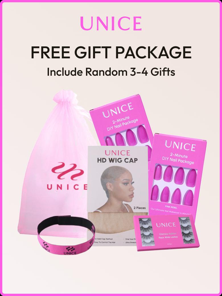 The UNice Ship within 24H UNice Bye Bye Slip Wig Feathered Layer Left Side Part 200% image highlights UNICE, FREEGIFTPACKAGE, IncludeRandom3-4Gifts, 2-Minute, a pink bag.