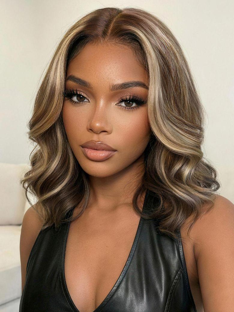 A model displays the UNice With Drawstring UNice 13x4 Pre-Everything Pre-Cut Lace Frontal Dark Brown with, showing a model with blonde hair and a black leather top.