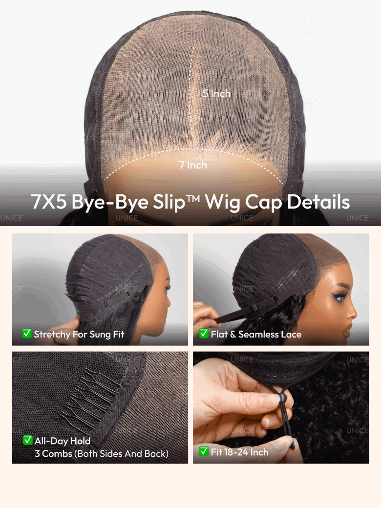A model displays the UNice 7x5 Bye Bye Slip Glueless Lace Natural Water Wave with Soft Body Wave Wig with, showing a woman ' s hair wig with a full lace closure and body.