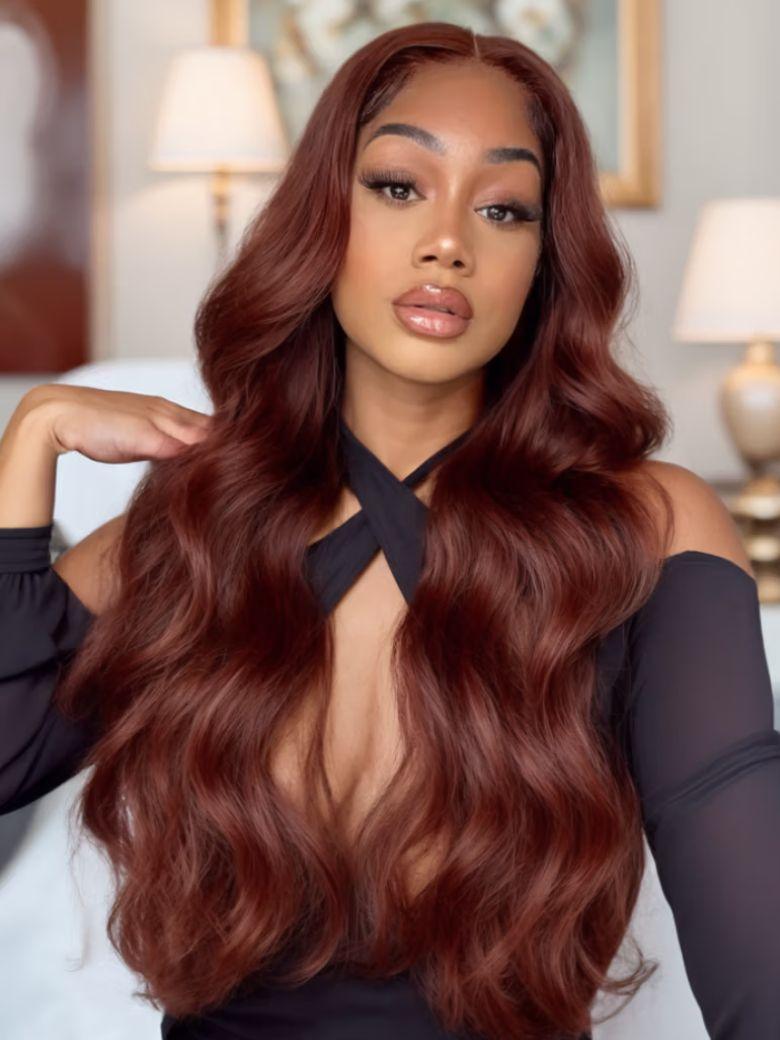 A model displays the UNICE $89 Surprise Box Randomly Get 22''-30'' 13x4 Pre-Everything wig Value $329-$499, showing a model with long red hair and a black top and 13x4.