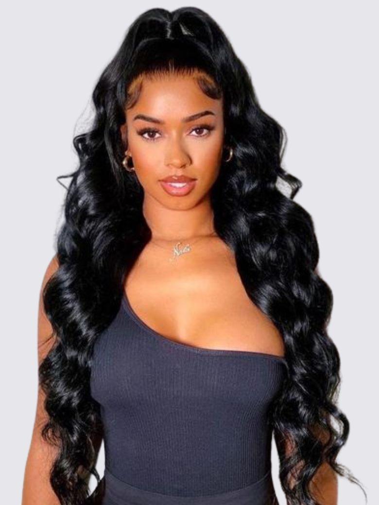 A model displays the UNice 13x4 Lace Frontal With Body Wave Human Hair Bundle For Frontal Ponytail Style, showing a woman wearing a black top and long curly hair.