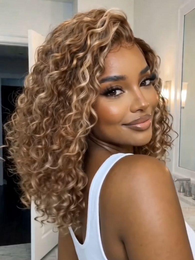 A model displays the UNice 7x5 Bye Bye Slip Pre-Cut Lace Glueless Invisible Drawstring Honey Blonde wig, showing a model with curly hair and a white tank top and curly.