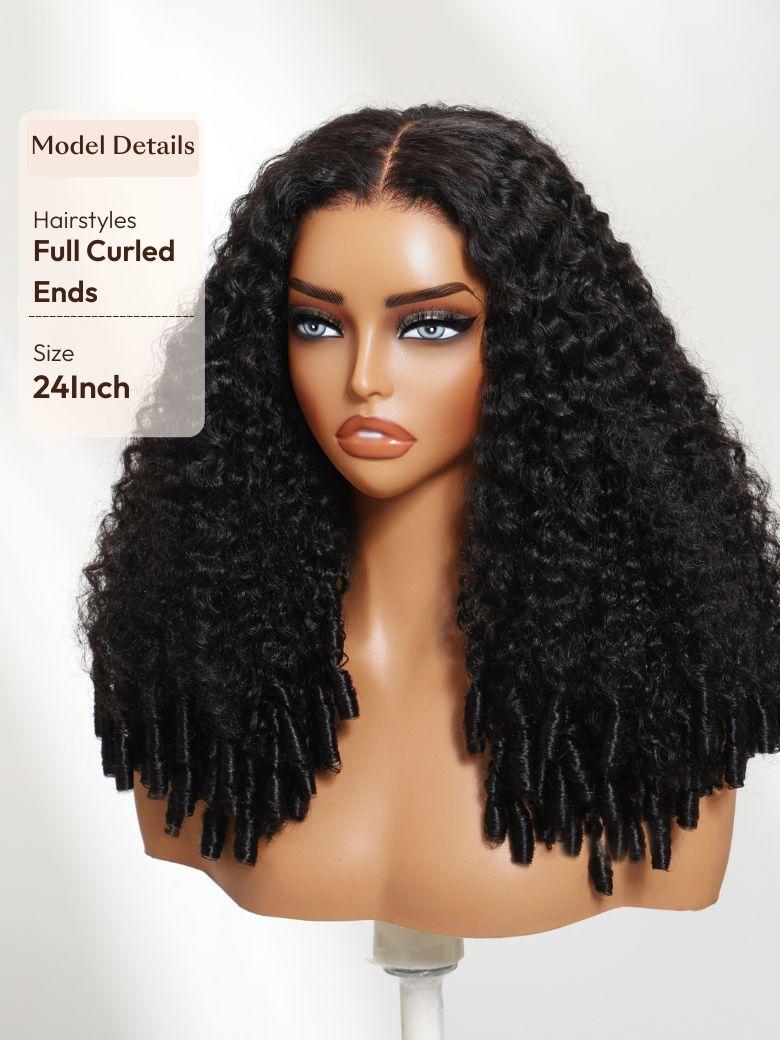 A model displays the UNice Mixed Texture Lace Natural Black Jerry Curly Wig with Defined Finger Coil Ends, showing a model with long curly hair and jerry curl texture.
