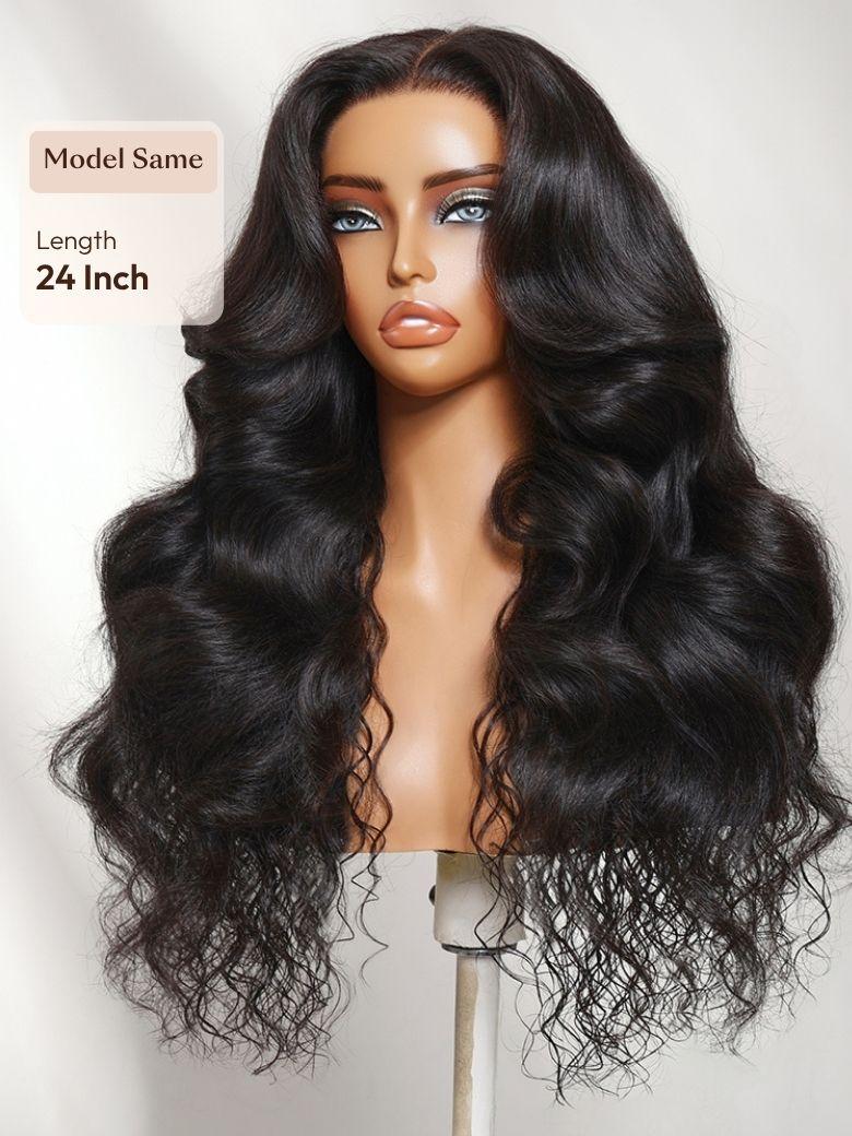The UNice 7x5 Bye Bye Slip Glueless Lace Natural Water Wave with Soft Body Wave Wig with visual image position 3 shows a wig with long hair and a long body | body wave.