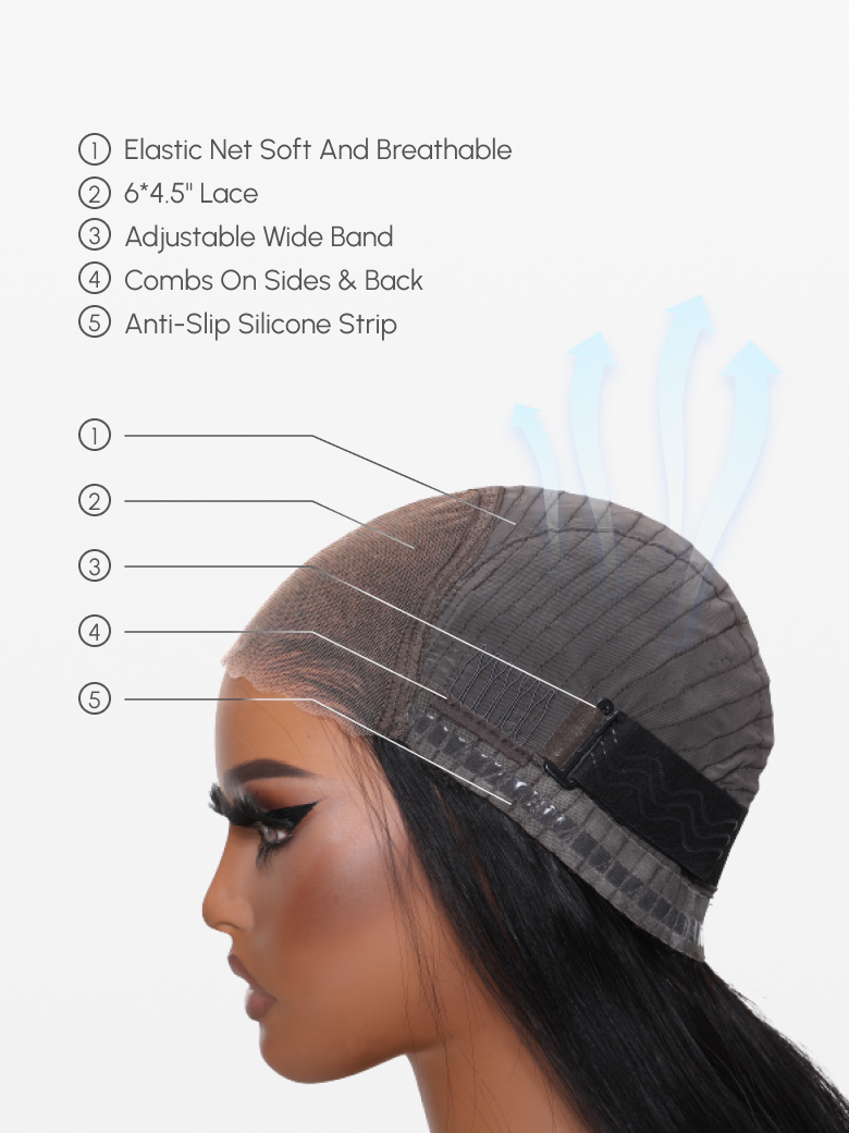 A model displays the UNice 6x4.5 Pre Cut Lace Curly Wig Put On And Go Quick Easy Black With Blonde Highlights, showing a model with long hair and a black wig and curly.