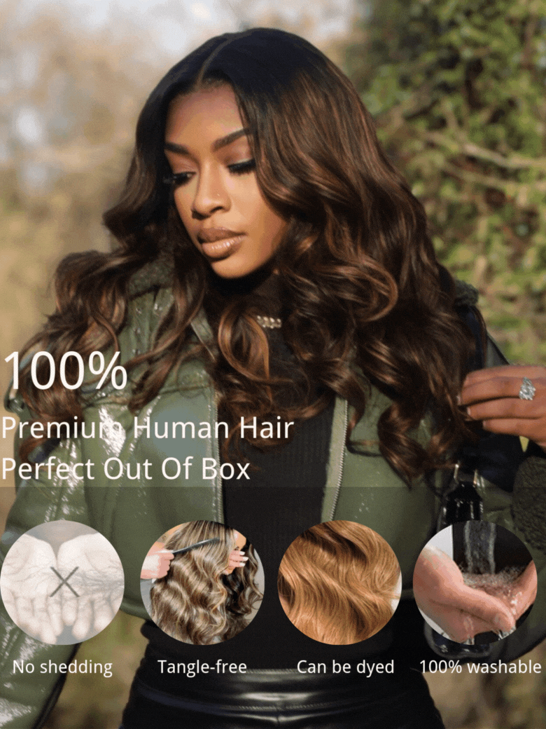 A model displays the UNice 7x5 Bye Bye Knots Wig Glueless Lace Balayage Highlight Body Wave Wig, showing a model with long hair is holding a bottle and body wave.