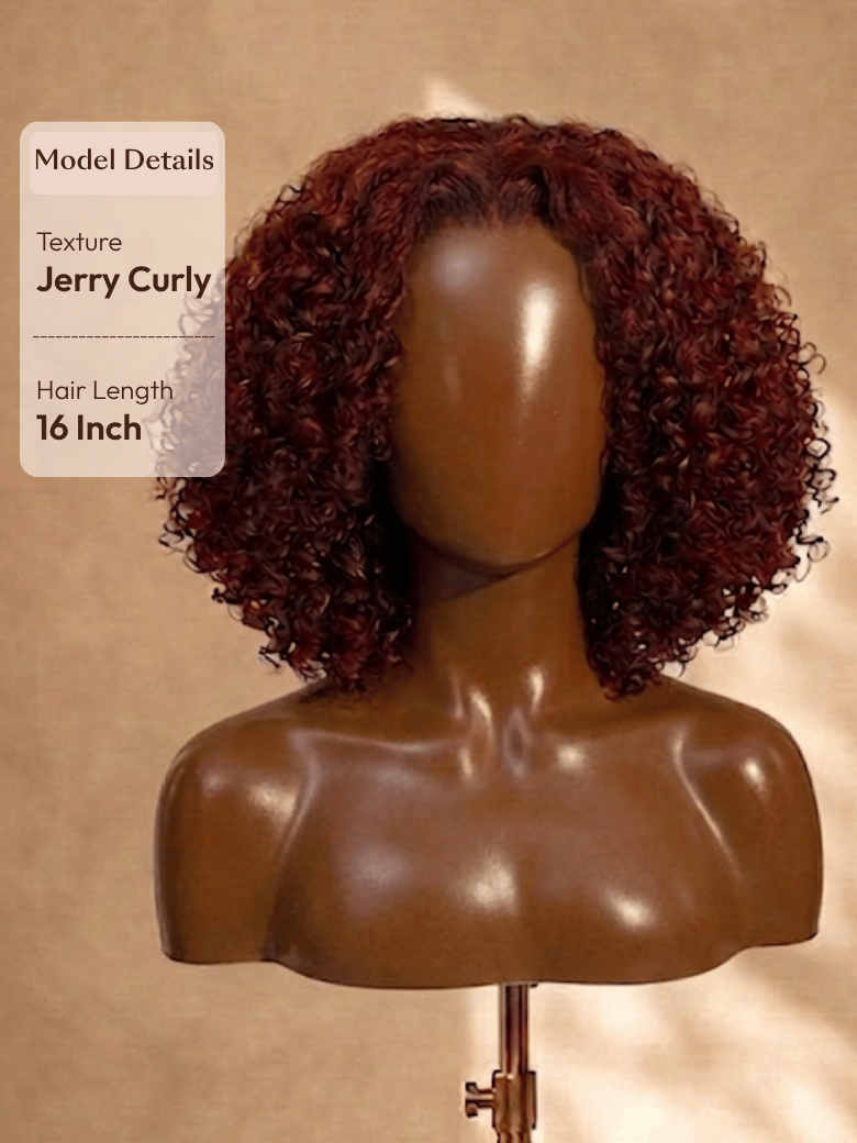 The UNice 7x5 Bye Bye Slip Wig Glueless Lace Sunset Afro Kinky Curly & Jerry Curly for visual image position 13 shows a model with curly hair and a white top | visible.