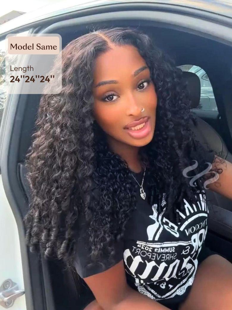 A model displays the UNice 3 Pcs/pack Burmese Curly Human Hair 3 Bundles With Twist Out Ends, showing a woman sitting in a car with her hair in the back and Burmese.