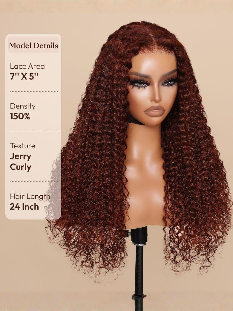 The UNice 7x5 Glueless Lace Bye Bye Knots Wig Sunset Jerry Curly for Reddish Brown image highlights Model Details, LaceArea, 7"X5"", Density, a wig with curly hair.