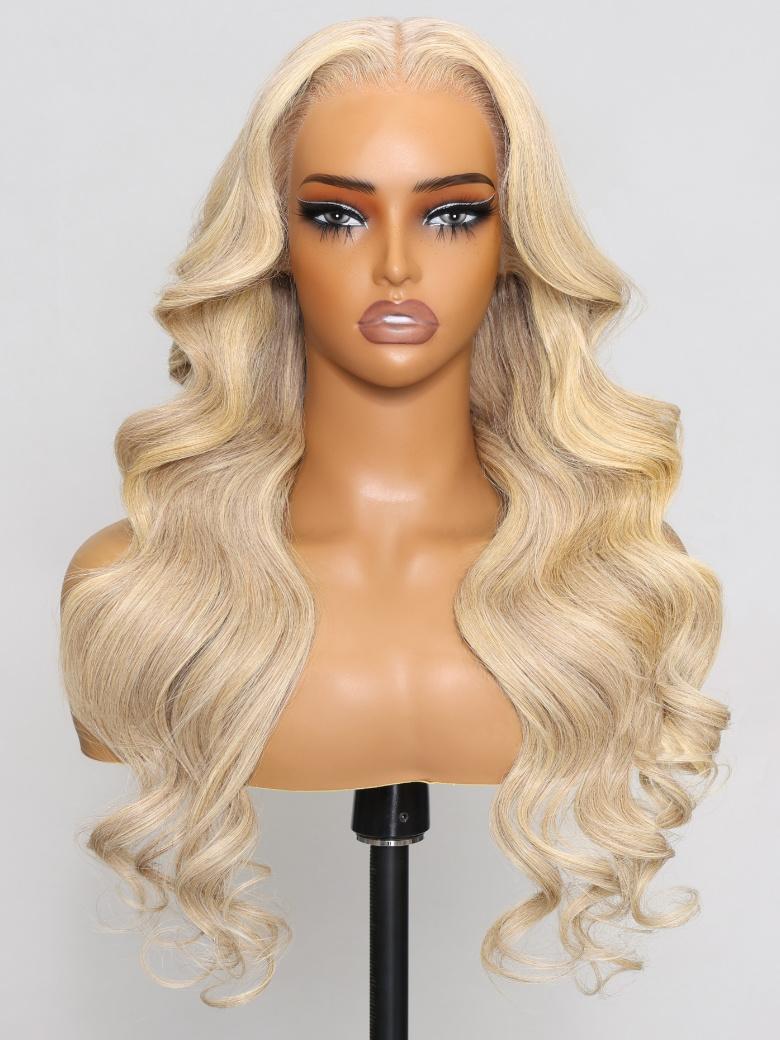 The UNice 13x4 Lace Front Body Wave Glossy Blonde Pre-Everything Wig product image shows a blonde wig with long wavy hair and body wave texture, 13x4, lace finish.