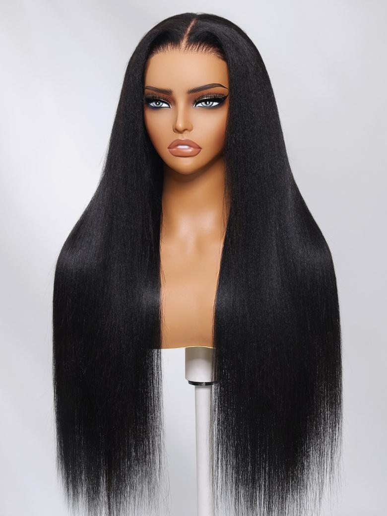 The UNice ByeBye Knots Wig 7x5 Glueless Lace Black Yaki Straight Wig With Elastic product image shows a wig with long black hair and straight texture, yaki texture, 7x5.