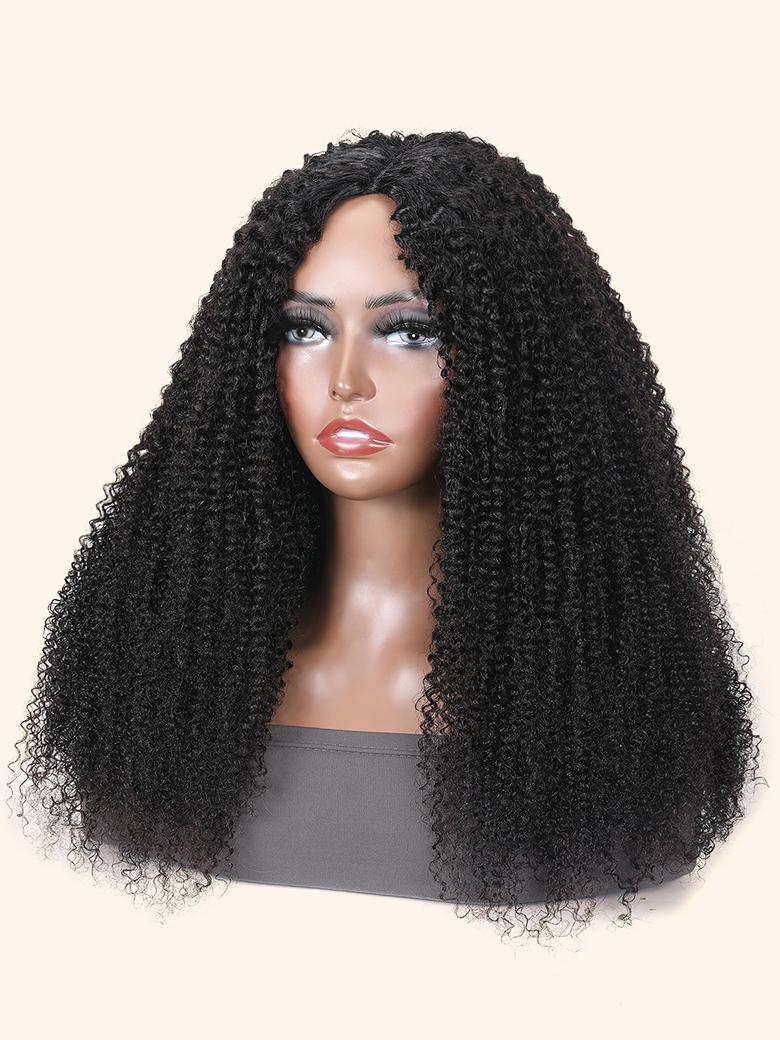 The UNice New V Part Kinky Curly Glueless 0 Skill Needed Wig product image shows a wig with curly hair and kinky curly texture, curly texture, glueless wear.