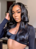 A model displays the UNice Hair 5x5 HD Lace Closure Body Wave Transparent Lace undetectable Lace Closure, showing a woman in a black bra top and panties and body wave.