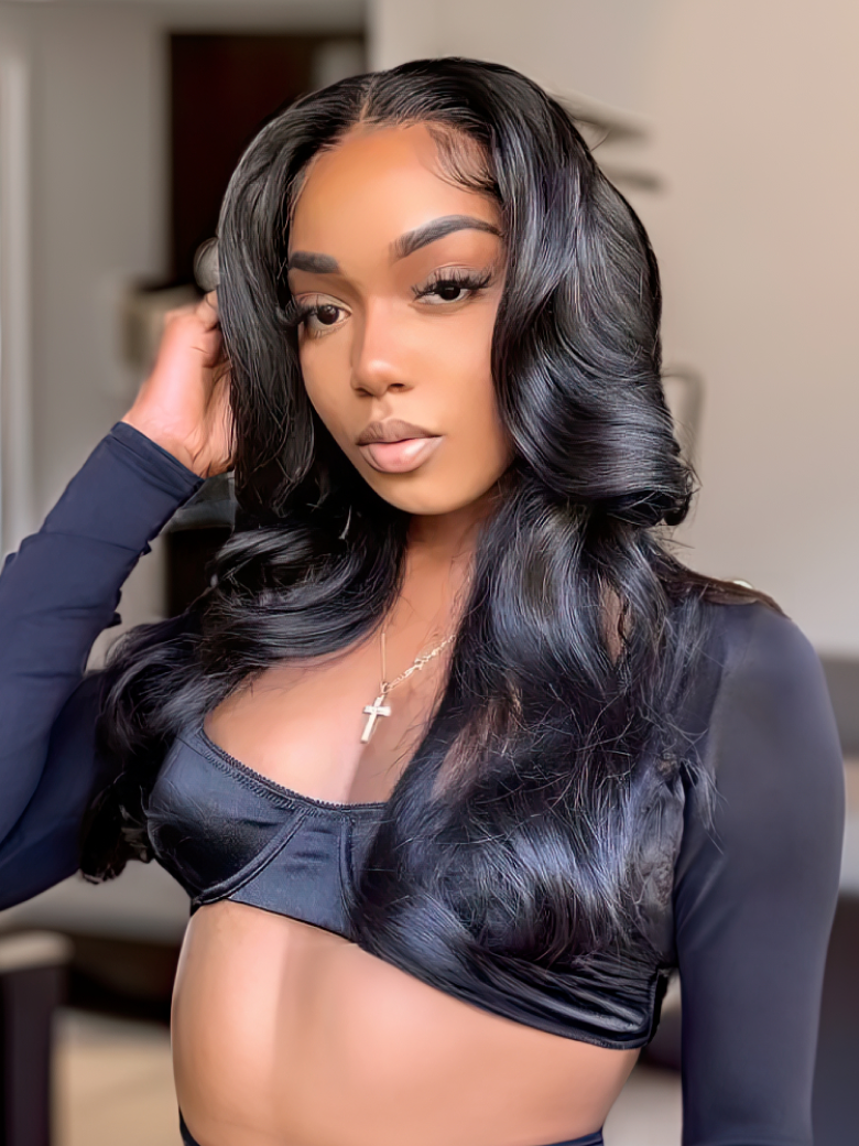 A model displays the UNice Hair 5x5 HD Lace Closure Body Wave Transparent Lace undetectable Lace Closure, showing a woman in a black bra top and panties and body wave.