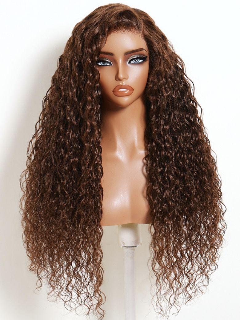A model displays the UNice 7x5 Bye Bye Slip Lace Ash Brown With Dark Roots Curly Glueless Wig with Invisi, showing a wig with long curly hair and a long curly wig.