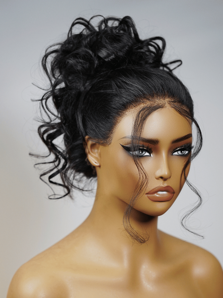 The UNice 360 Lace Frontal 180% Density Body Wave Human Hair Wig product image shows a doll with a black hair and a white dress and body wave texture, lace finish.