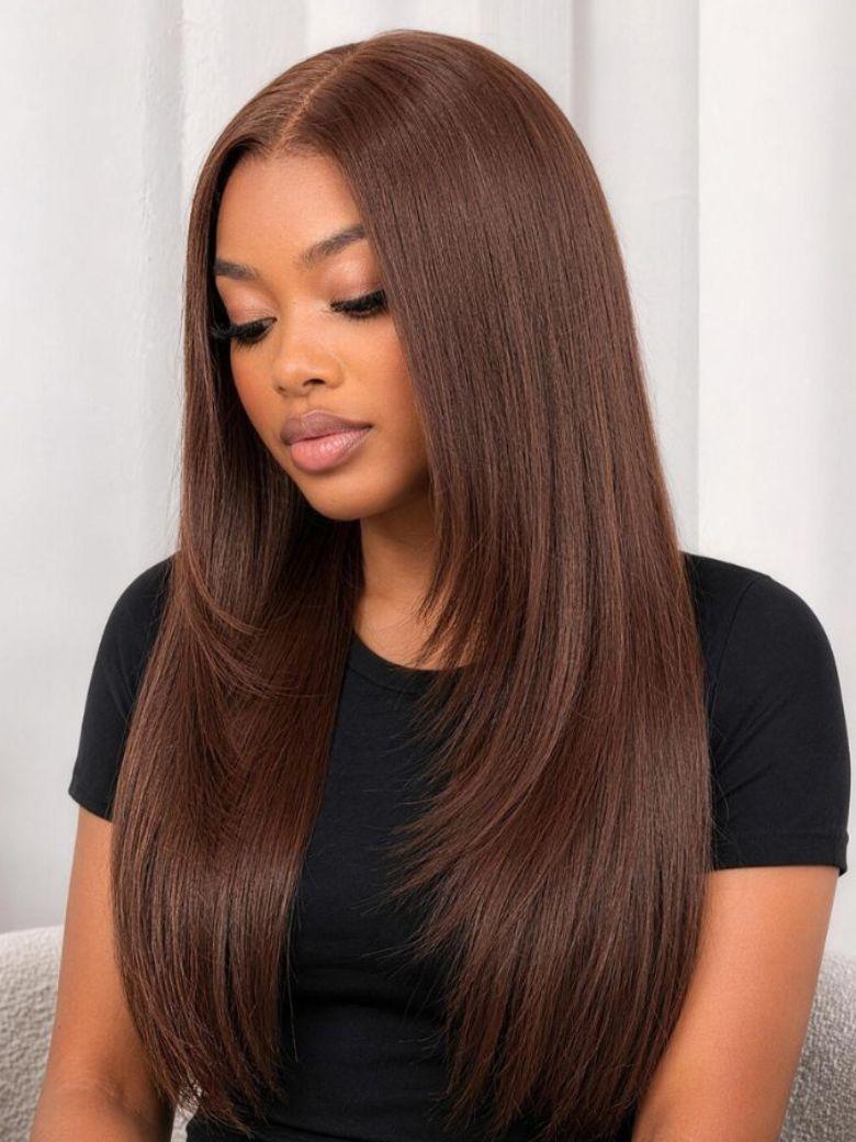 A model displays the UNice 13x4 Bye Bye Slip Lace Frontal Soft Ombre Caramel Brown Balayage Body Wave Wig, showing a woman sitting in a car with a cell and body wave.