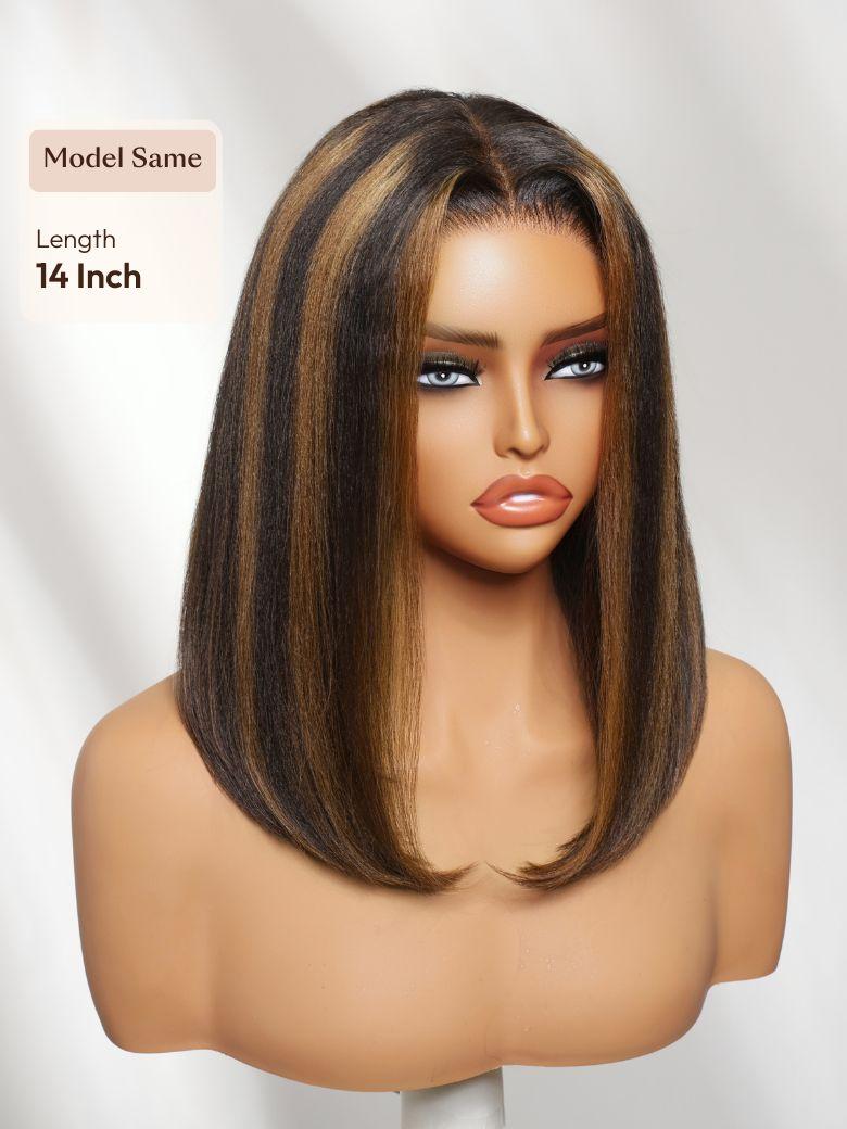 A model displays the UNice 7x5 Bye Bye Slip Lace Black with Caramel Highlights Side Part Yaki Straight wig, showing a model with long brown hair and a brown wig.