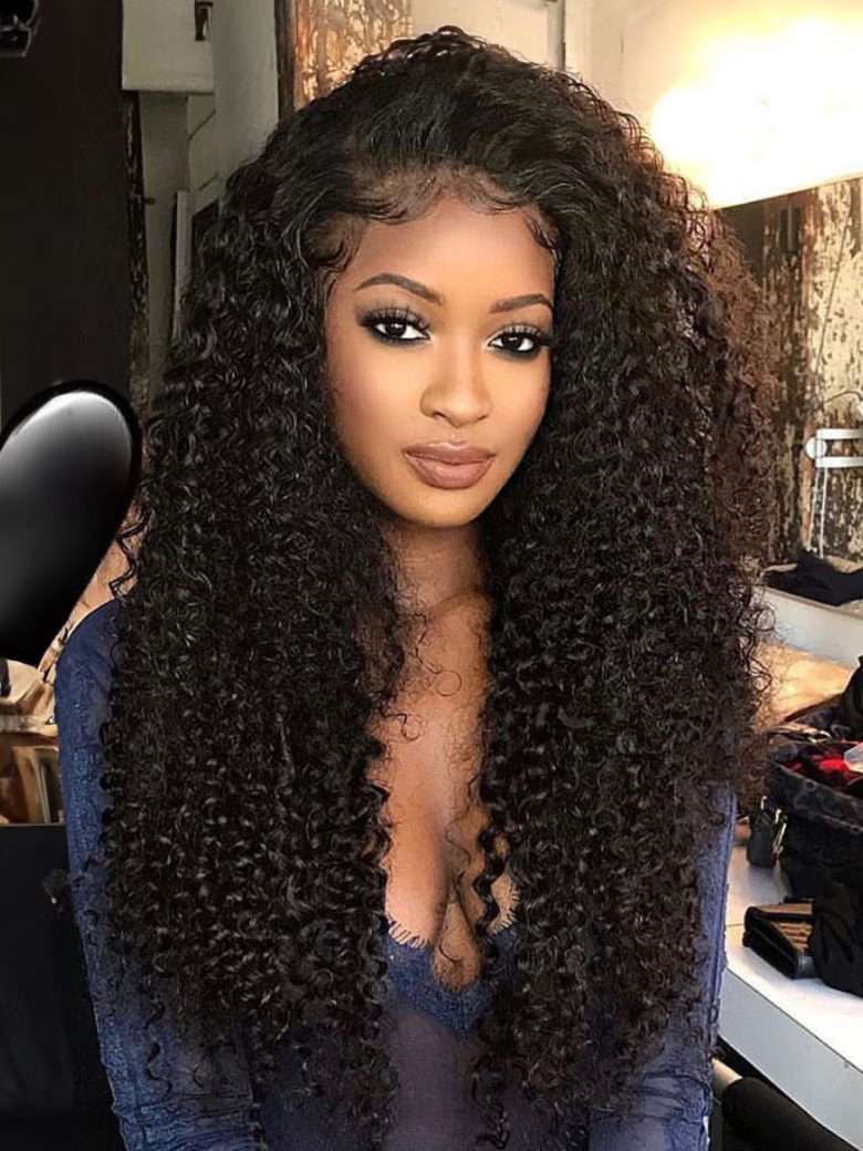 A model displays the UNice 13x4 Pre-Everything Lace Frontal Wig Kinky Curly Wig With Bleached Invisible Knots, showing a model with long curly hair in a salon and kinky.