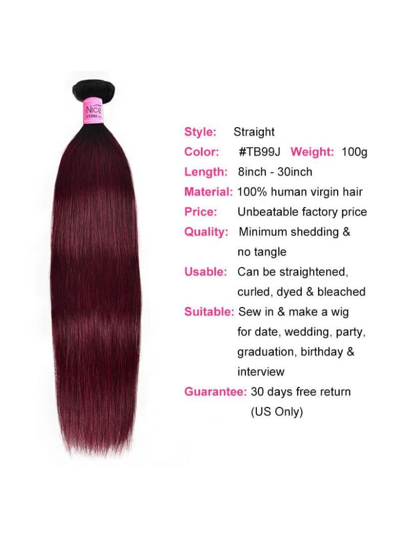 The UNice Hair High Quality Novel #TB99J Straight & Body Wave Virgin Hair 1 Bundle for image highlights Style, Straight, Color, #TB99JWeight:100g, a hair extension.