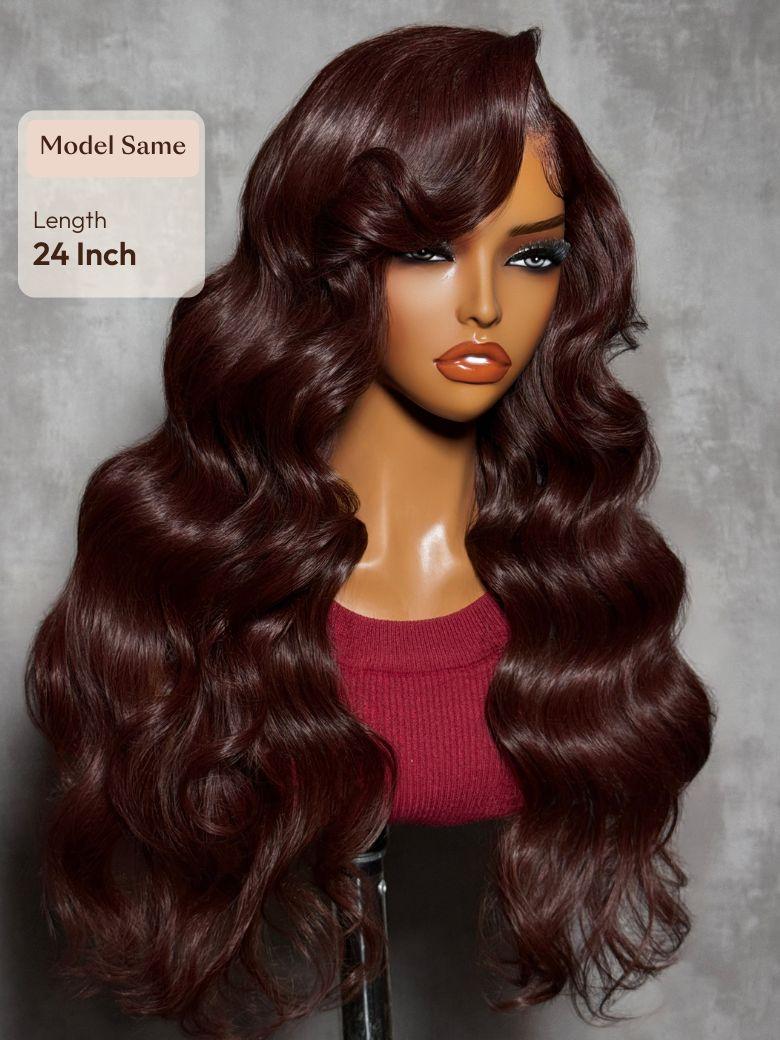 The UNice Glueless Human Hair Bye Bye Knots 7x5 Lace Dark Auburn Side Part Big Bouncy wig image highlights Model Same, Length, 24Inch, a wig with long wavy hair.
