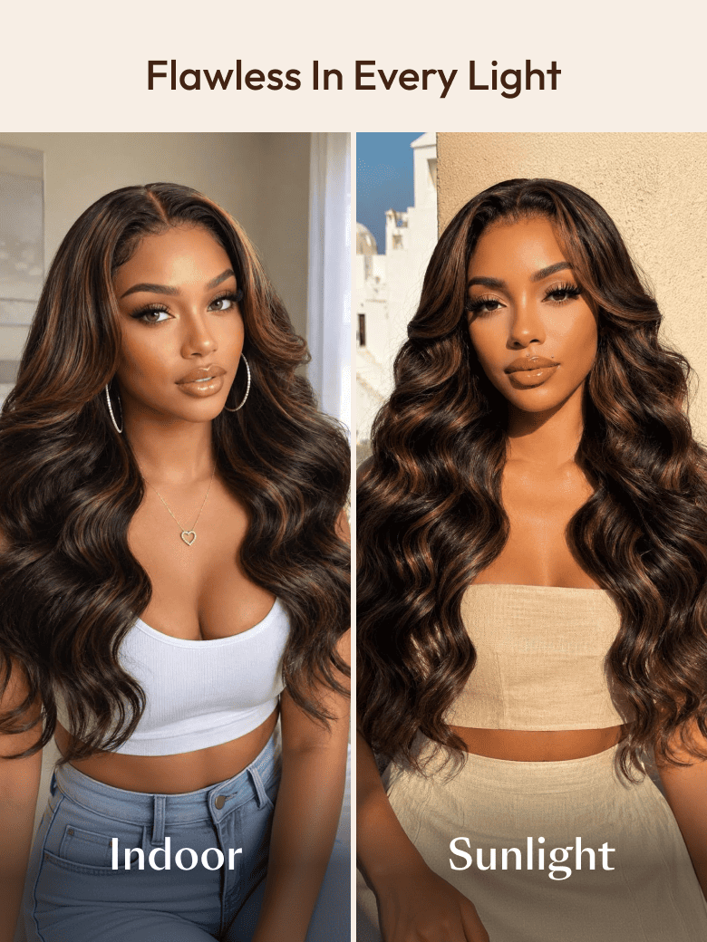 A model displays the UNice 7x5 Bye Bye Slip Lace Black with Golden Brown Highlights Body Wave Wig with, showing a model with long hair before and after her hair.