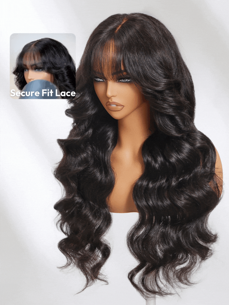 The UNice 13x4 Pre-Everything Lace Frontal Black Fluffy Natural Loose Wave with Curtain image highlights Secure Fit Lace, a wig with long hair and bangs and loose wave.