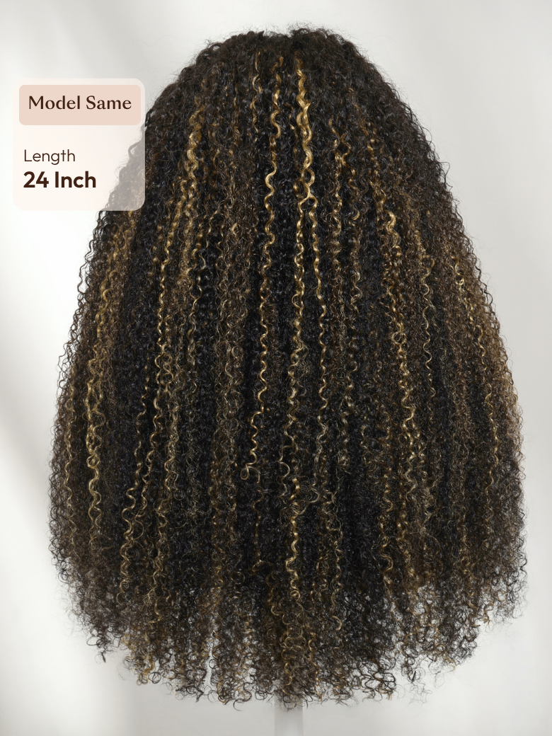 A model displays the UNice 7x5 Bye Bye Slip Lace Black with Blonde and Caramel Highlights Full Curly Wig, showing a wig with curly hair on a white background and curly.
