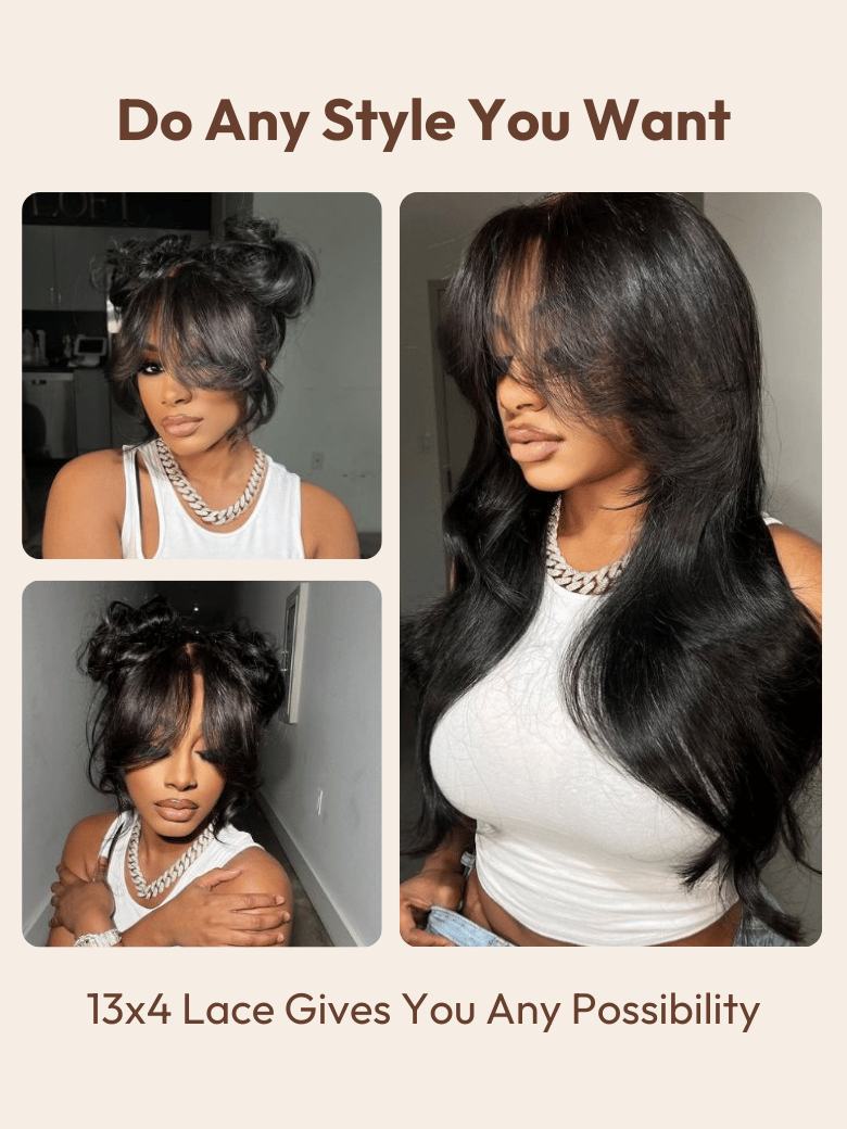A model displays the UNice 13x4 Pre-Everything Lace Frontal Black Fluffy Natural Loose Wave with Curtain, showing a model with long hair and a white top and loose wave.