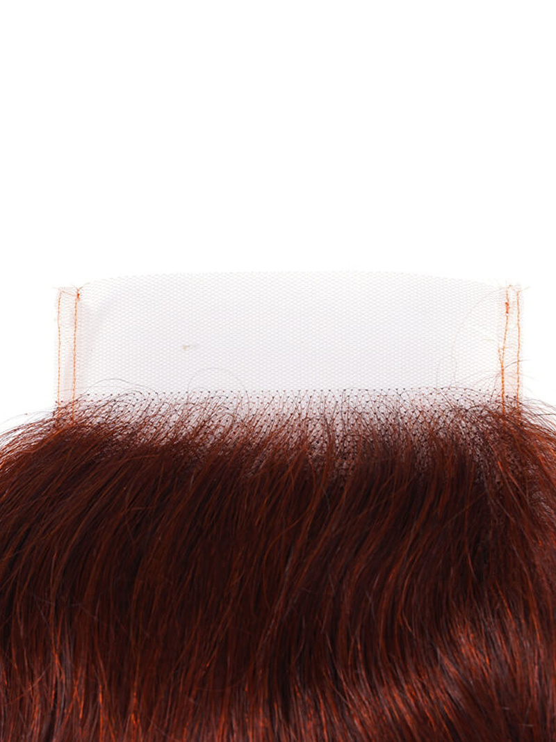 The UNice Dark Auburn Body Wave Remy Human Hair 4x4 Free Part Closure product image shows a close up of a brown wig and body wave texture, 4x4.