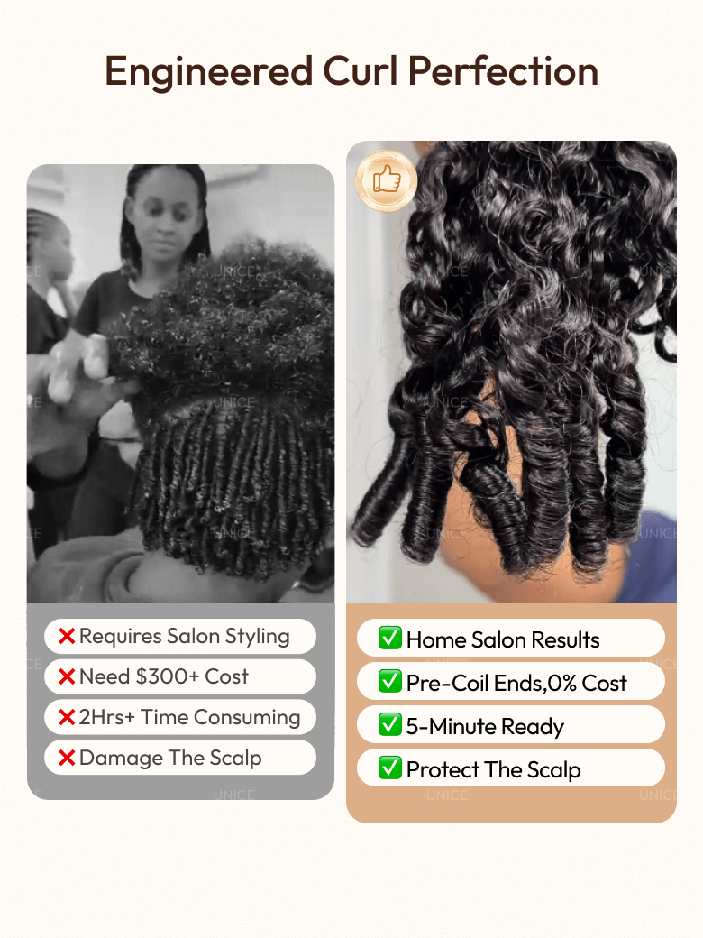 A model displays the UNice US Only 22 new users needed 16 Inch UNice Bye Bye Knots 7x5 Lace Curly Texture, showing a model with curly hair and a picture of her hair.
