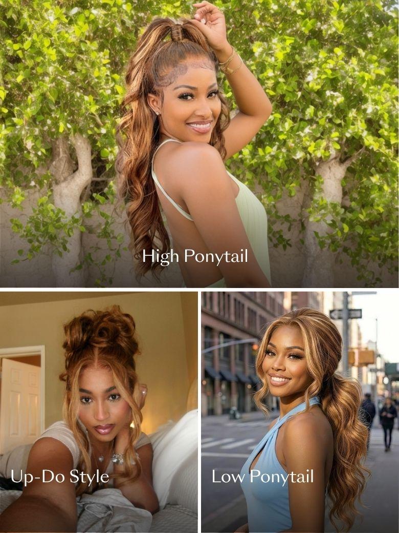 A model displays the UNice 13x4 Bye Bye Slip Wig With Drawstring Pre-Cut Glueless Lace Honey Blonde Body, showing a model with long hair and a ponytail and body wave.