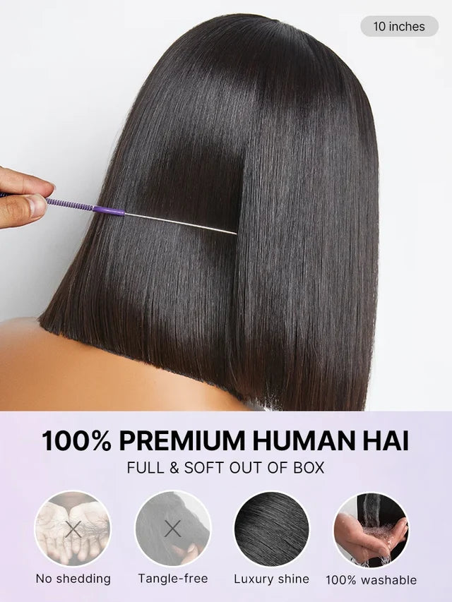 Double Drawn Bone Straight Glueless Bob Wig  200% Density