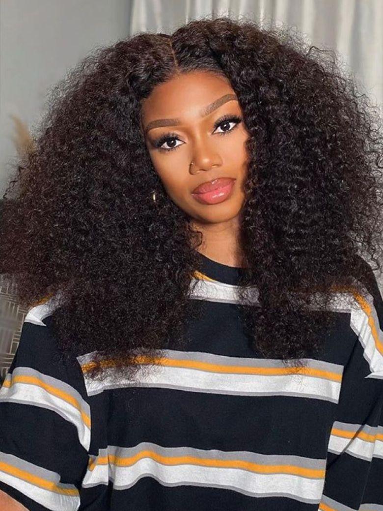 A model displays the UNice EasiContour V Part Minimal Leave Out Glueless Curly Wig Adjustable Cap, showing a model with long curly hair wearing a striped shirt and curly.
