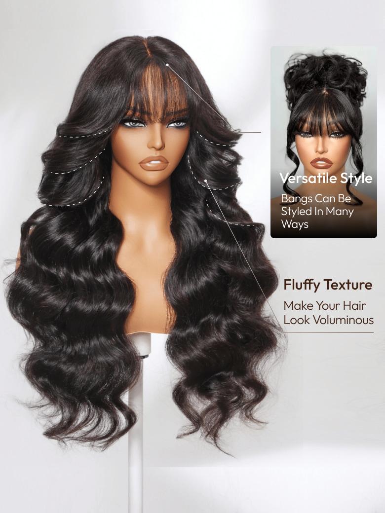 The UNice 13x4 Pre-Everything Lace Frontal Black Fluffy Natural Loose Wave with Curtain image highlights VersatileStyle, BangsCanBe, Styled In Many, Ways, full lace wigs.