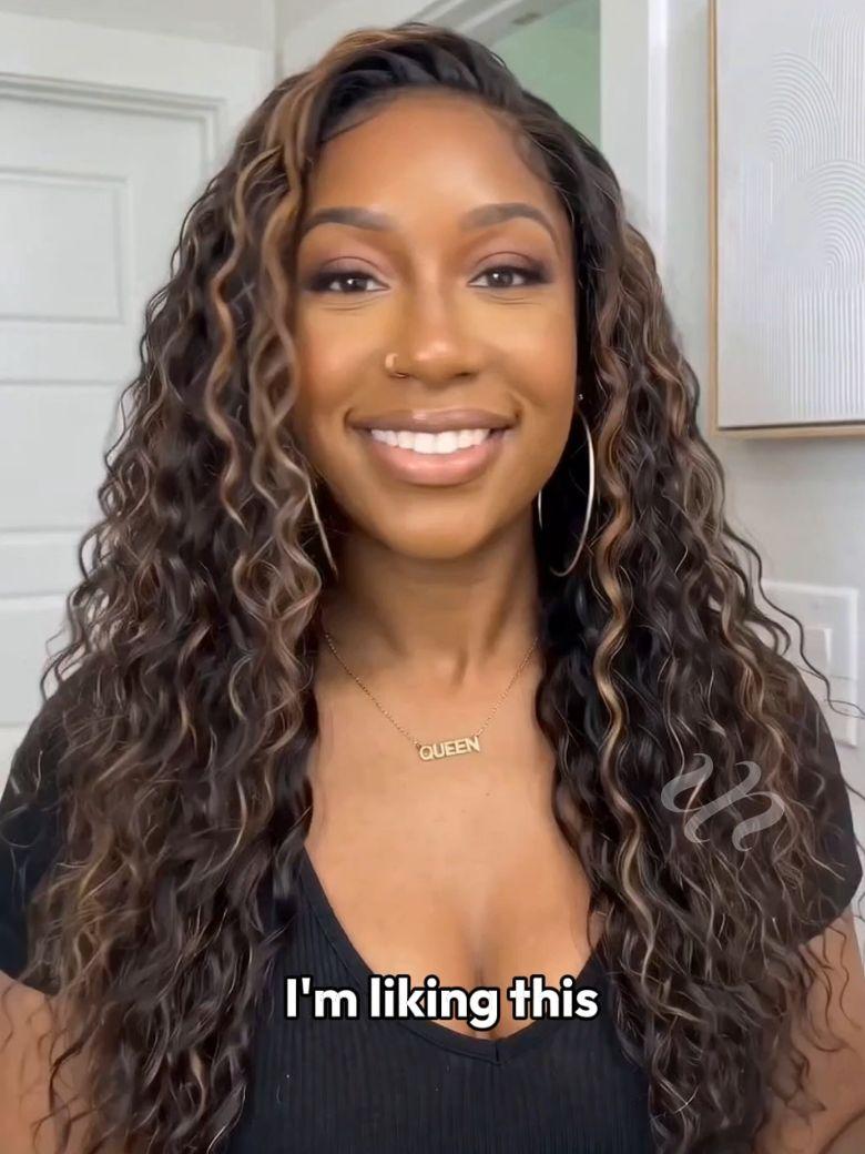 UNice 7x5 Bye-Bye Slip™ Lace 100% Human Hair Water Wave Wig with Golden Brown Highlights Glueless Summer-Ready
