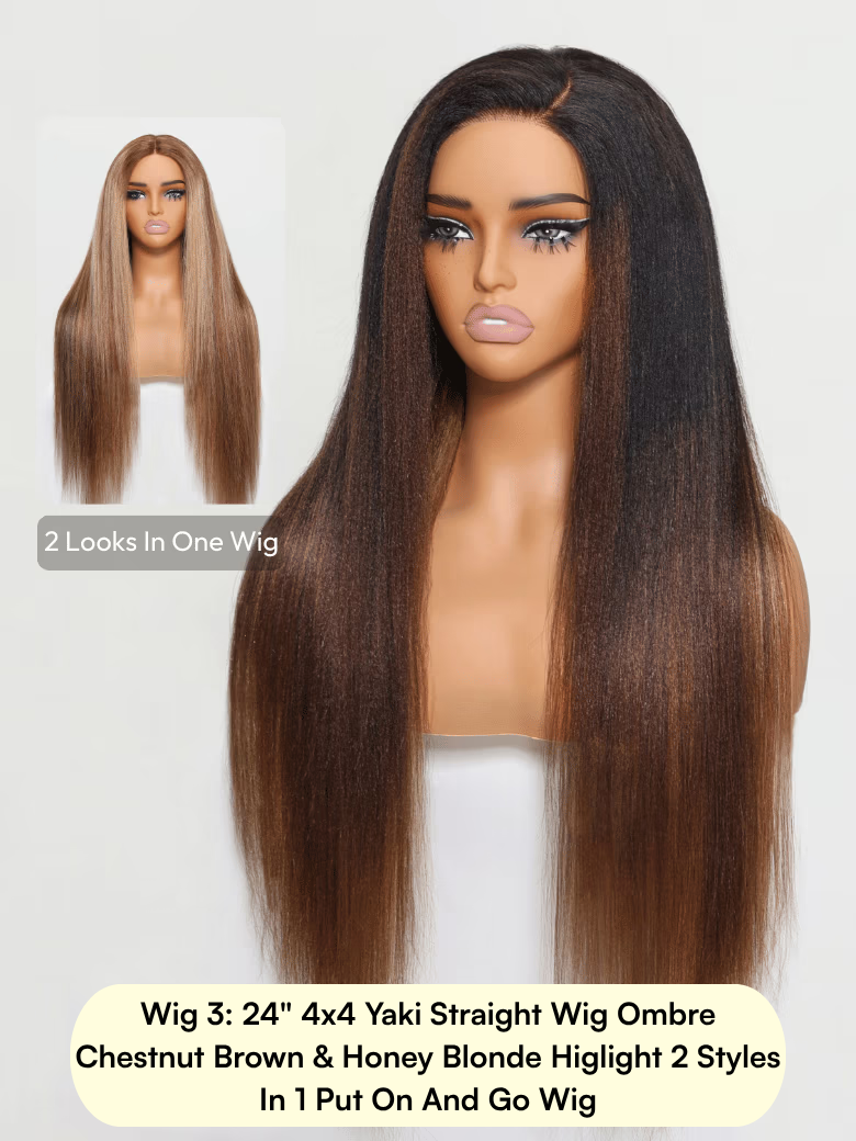 A model displays the UNice Black Yaki Kinky Curly 4x4 2 Styles In 1 Put On And Go Wig, showing wigs for long hair and yaki texture, kinky curly texture, curly texture.