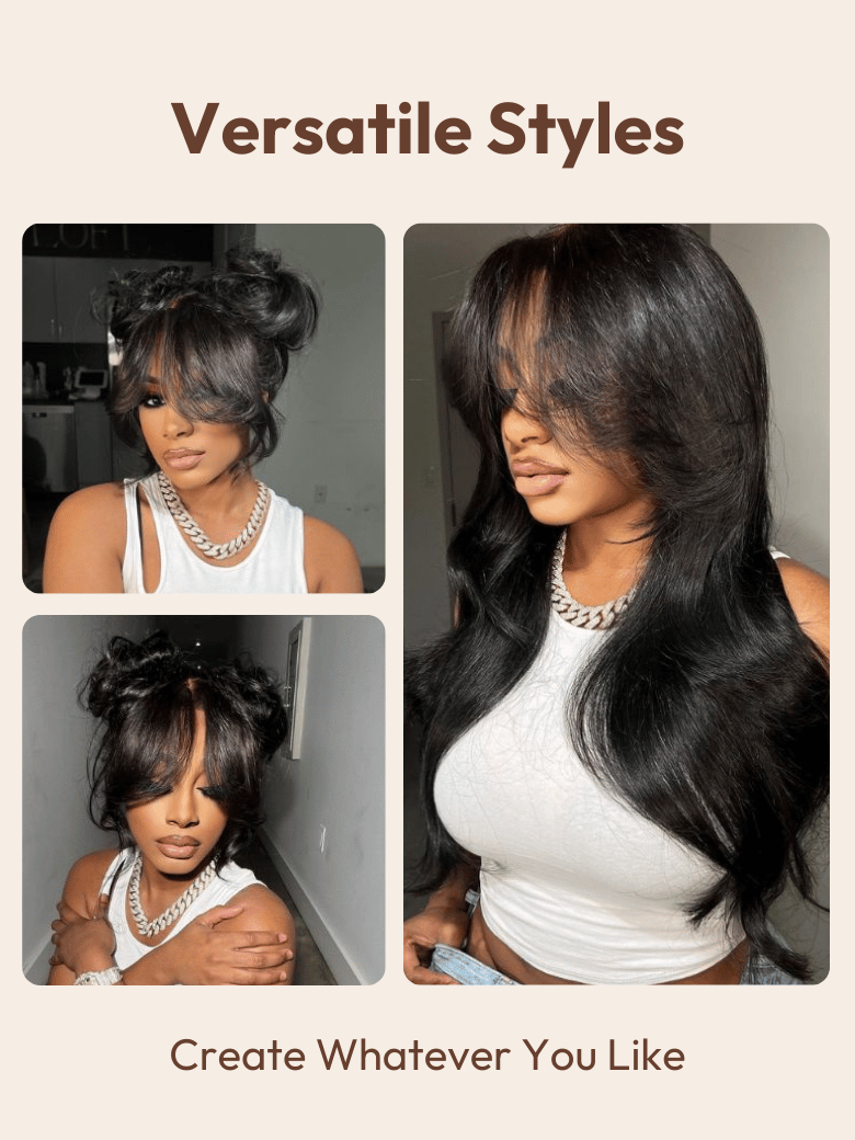 A model displays the UNice 180% Density 7x5 Byebye Knots Lace Frontal Fluffy Layer Natural Loose Wave Wig, showing a model with long hair wearing a white top and a white.