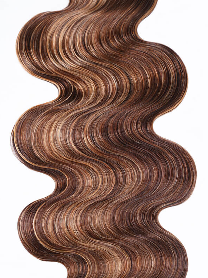 The UNice Luxurious Honey Blonde Highlight Body Wave Human Hair 1 Bundle product image shows a wavy brown hair with brown highlights and body wave texture, honey blonde.