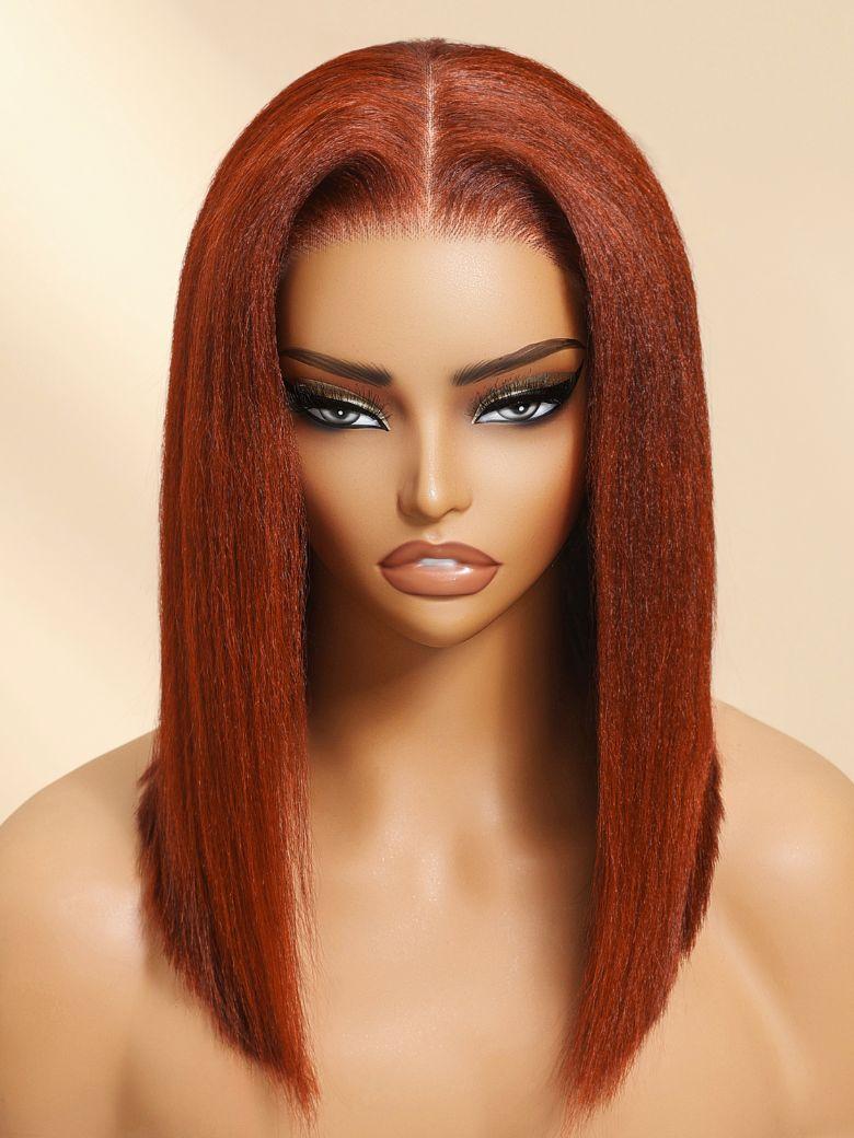 A model displays the UNice Bye Bye Knots 7x5 Lace Reddish Brown Yaki Bob Wig, showing a model with long red hair and yaki texture, reddish brown, 7x5.