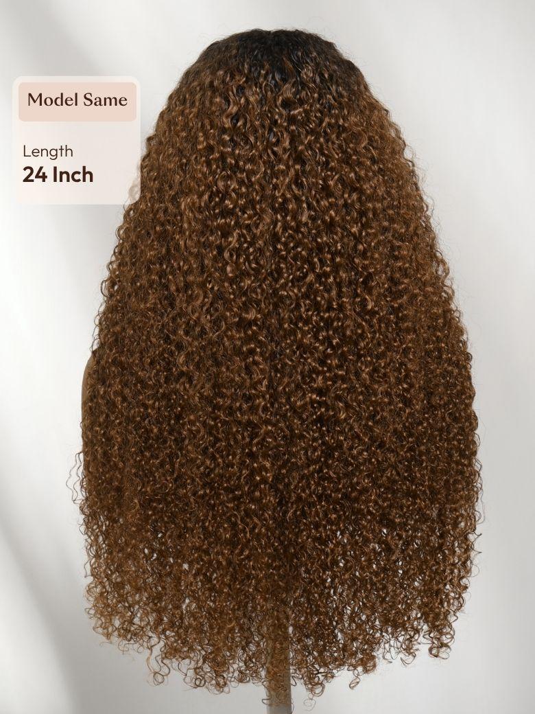 The UNice 7x5 Bye Bye Slip Lace Warm Caramel Brown with Dark Roots Natural Afro Curly wig image highlights Model Same, Length, 24Inch, a wig with curly hair on a white.