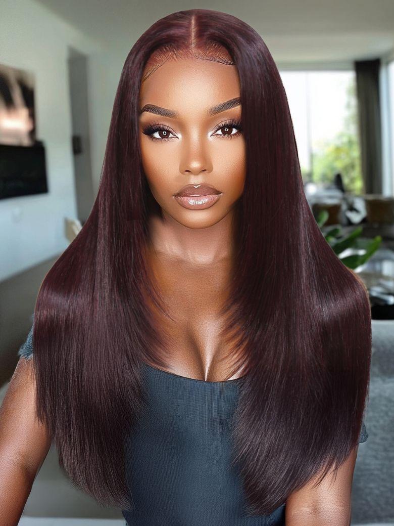 A model displays the UNice 7x5 Byebye Knots Lace Black Cherry Layered Straight Hair Wig 150% Density, showing a model with long dark brown hair and a black dress.