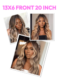 A model displays the UNice 13x6 Front Lace 180% Density Honey Highlight 20 Inch wig, showing a model with long blonde hair and a black background and highlight, 13x6.