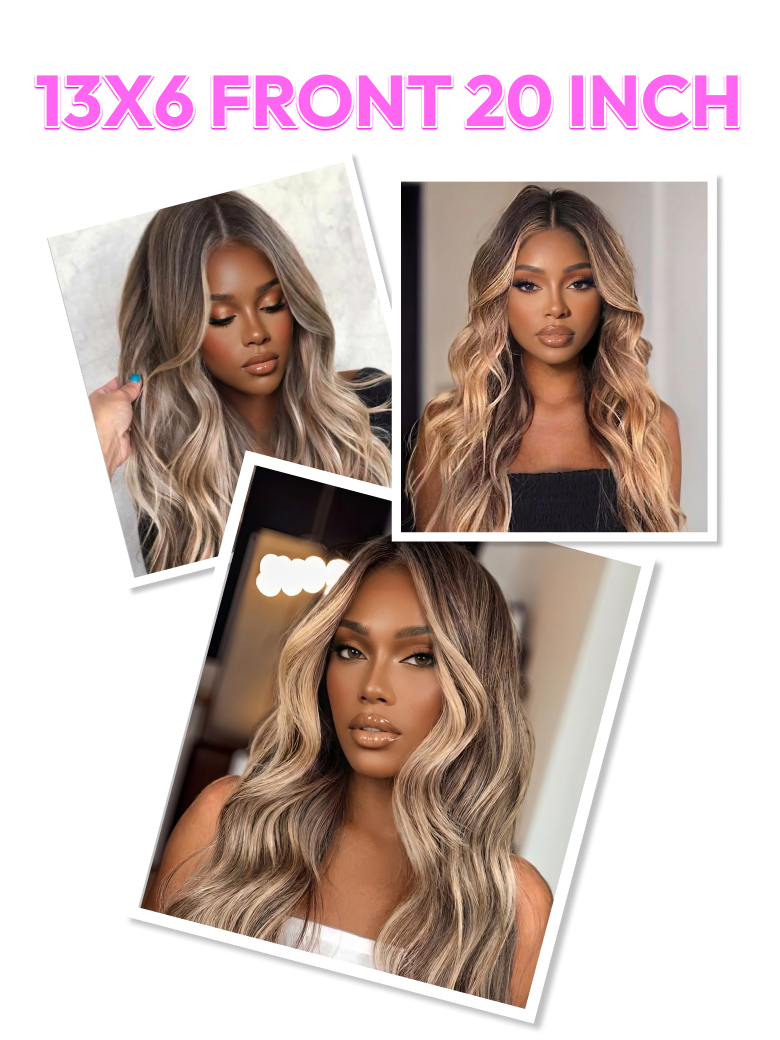 A model displays the UNice 13x6 Front Lace 180% Density Honey Highlight 20 Inch wig, showing a model with long blonde hair and a black background and highlight, 13x6.