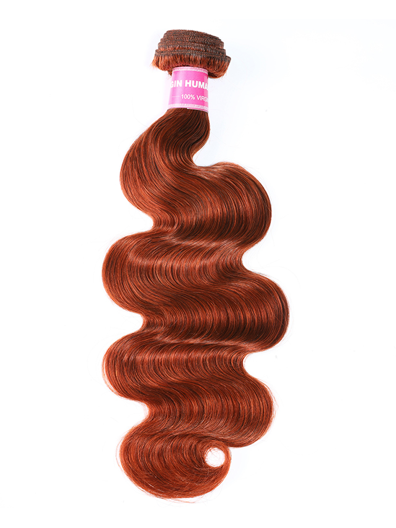 The UNice Hair #350 Color Virgin Hair Weave Ginger Hair 1 Piece Hair Bundle Body Wave image highlights GIN HUMA, 100%VIRO, a red body wave hair extension and body wave.