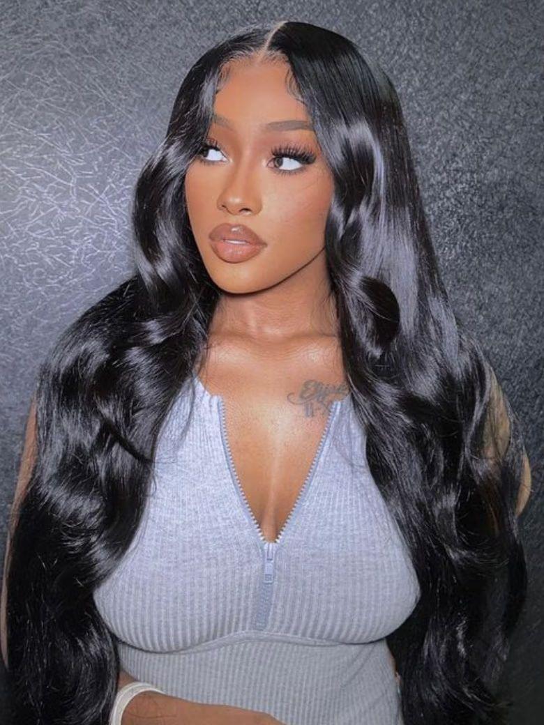 A model displays the UNice Premium Raw Virgin Hair Body Wave Bundles, showing a model with long black hair wearing a grey top and body wave texture, bundle fullness.