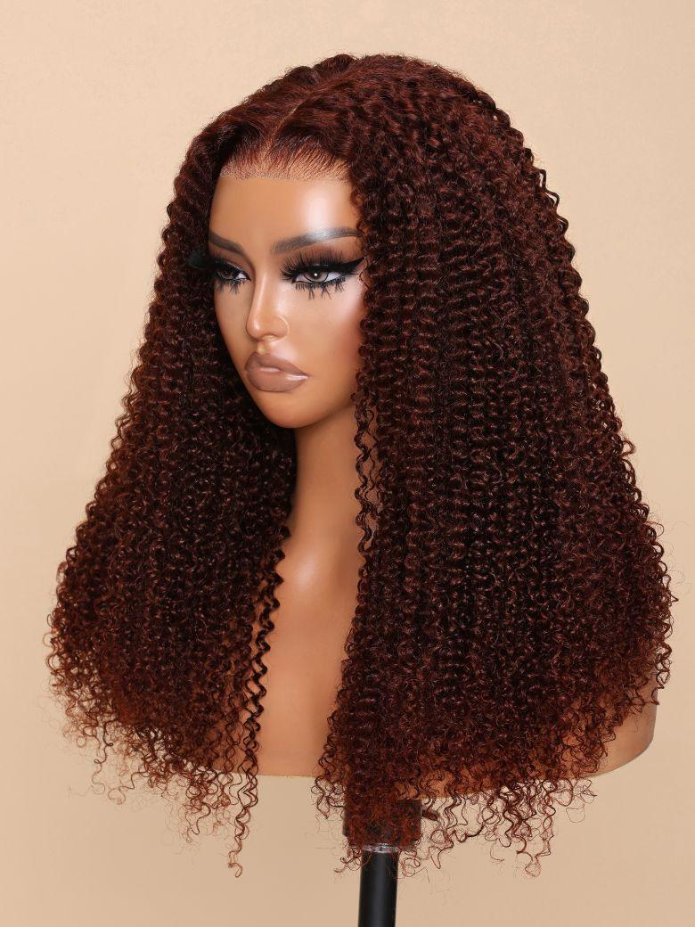 The UNice Ins Only 7x5 Bye Bye Knots Reddish Brown Kinky Curly & Straight & 13x4 wig product image shows a wig with curly hair on a mann and loose wave texture, straight.